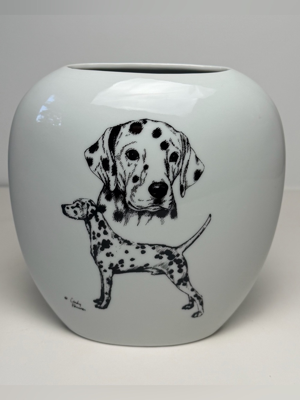 Vintage Cindy Farmer White Ceramic Porcelain Vase Black Dog Dalmatian Print Pet